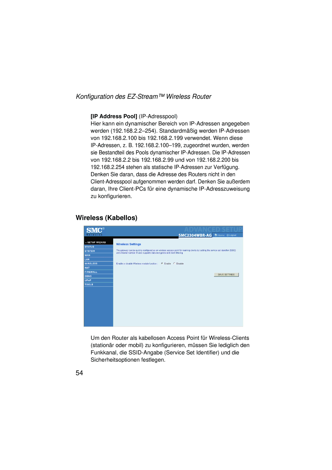 SMC Networks SMC2304WBRA-AG manual Wireless Kabellos, IP Address Pool IP-Adresspool 