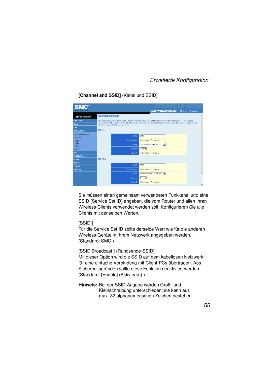 SMC Networks SMC2304WBRA-AG manual Channel and Ssid Kanal und Ssid 