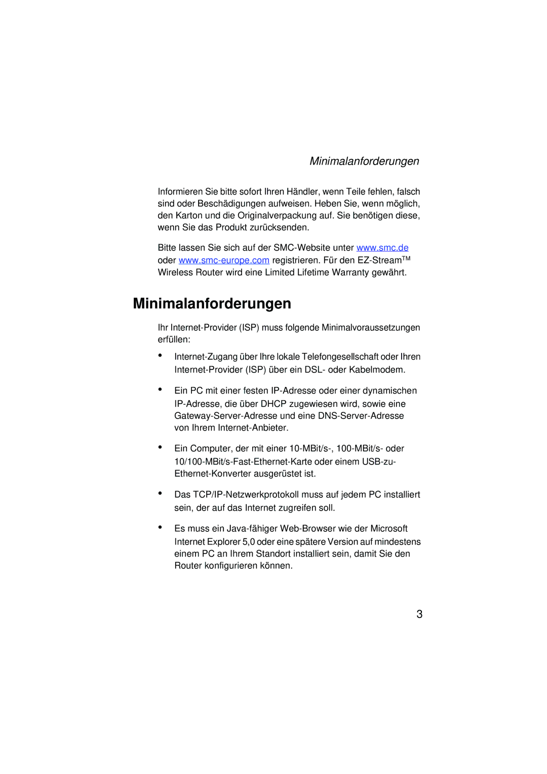 SMC Networks SMC2304WBRA-AG manual Minimalanforderungen 