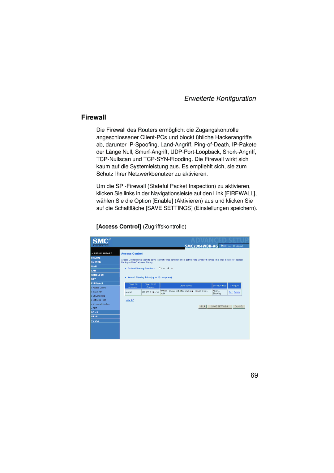 SMC Networks SMC2304WBRA-AG manual Firewall 