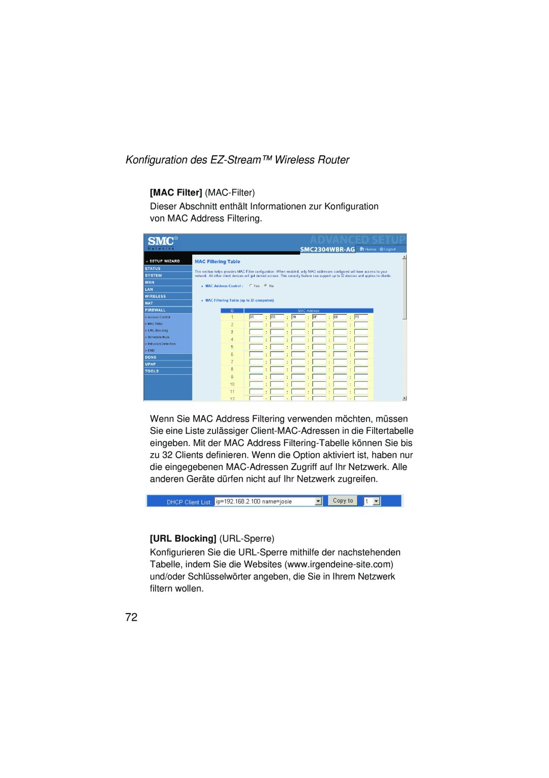 SMC Networks SMC2304WBRA-AG manual MAC Filter MAC-Filter, URL Blocking URL-Sperre 