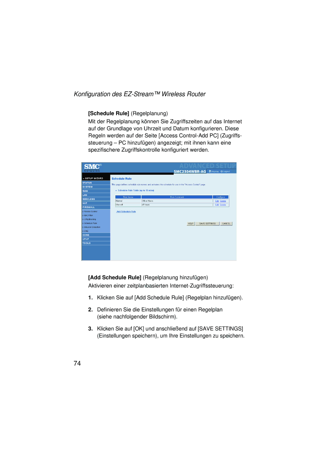 SMC Networks SMC2304WBRA-AG manual Schedule Rule Regelplanung 