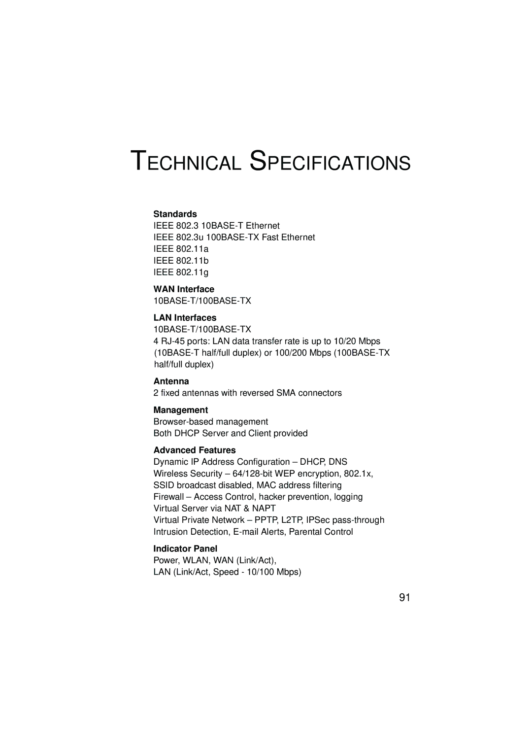 SMC Networks SMC2304WBRA-AG manual Standards, WAN Interface, LAN Interfaces, Antenna, Management, Advanced Features 