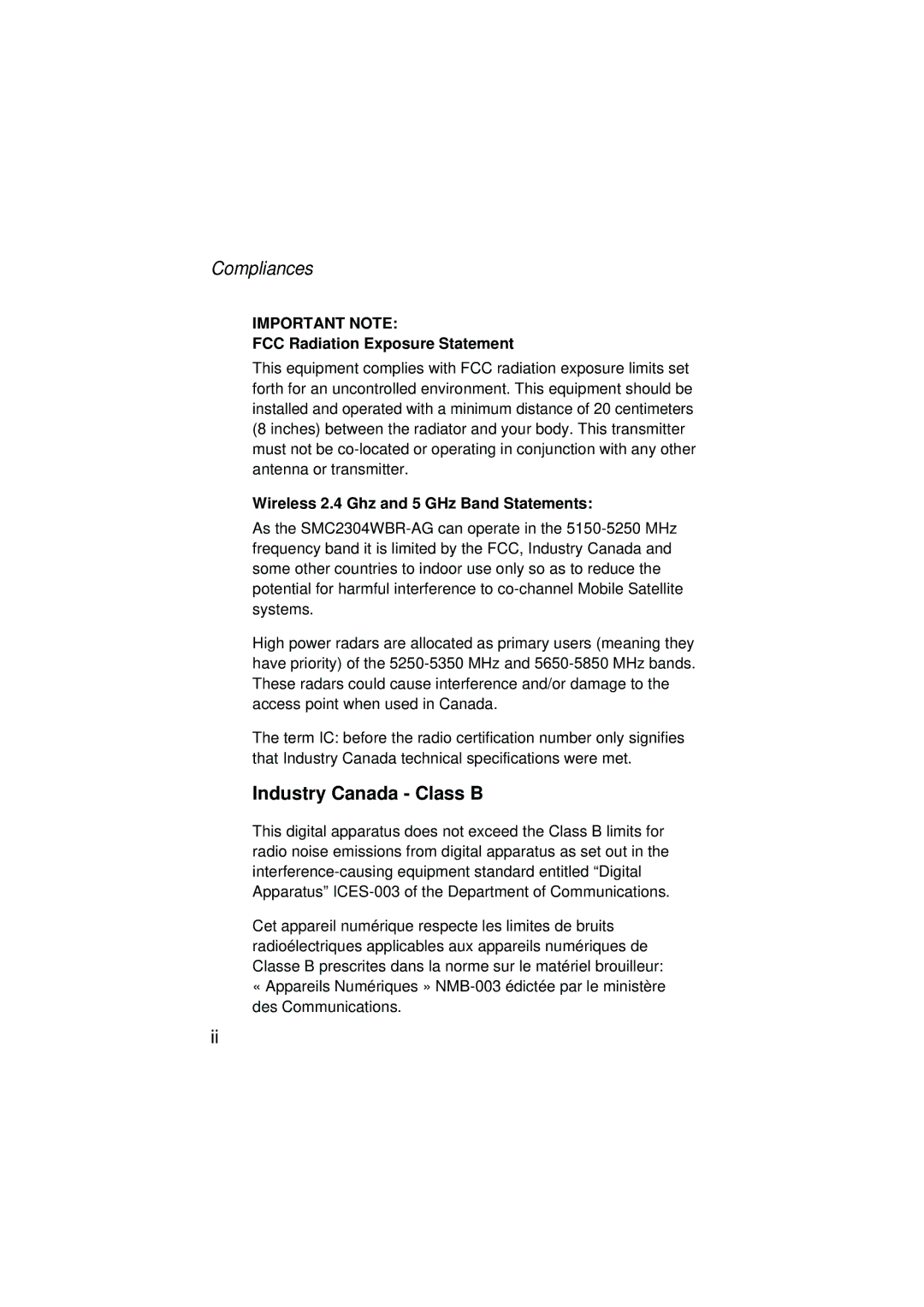 SMC Networks SMC2304WBRA-AG manual Compliances, Industry Canada Class B, FCC Radiation Exposure Statement 