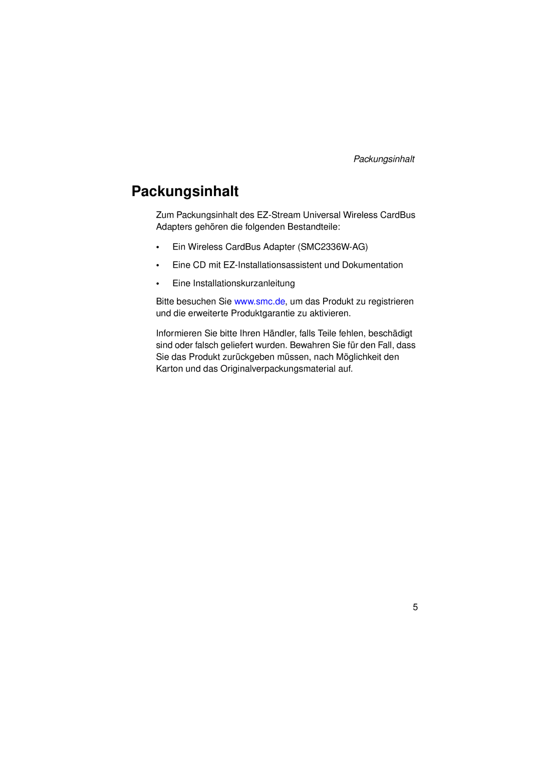 SMC Networks SMC2336W-AG manual Packungsinhalt 