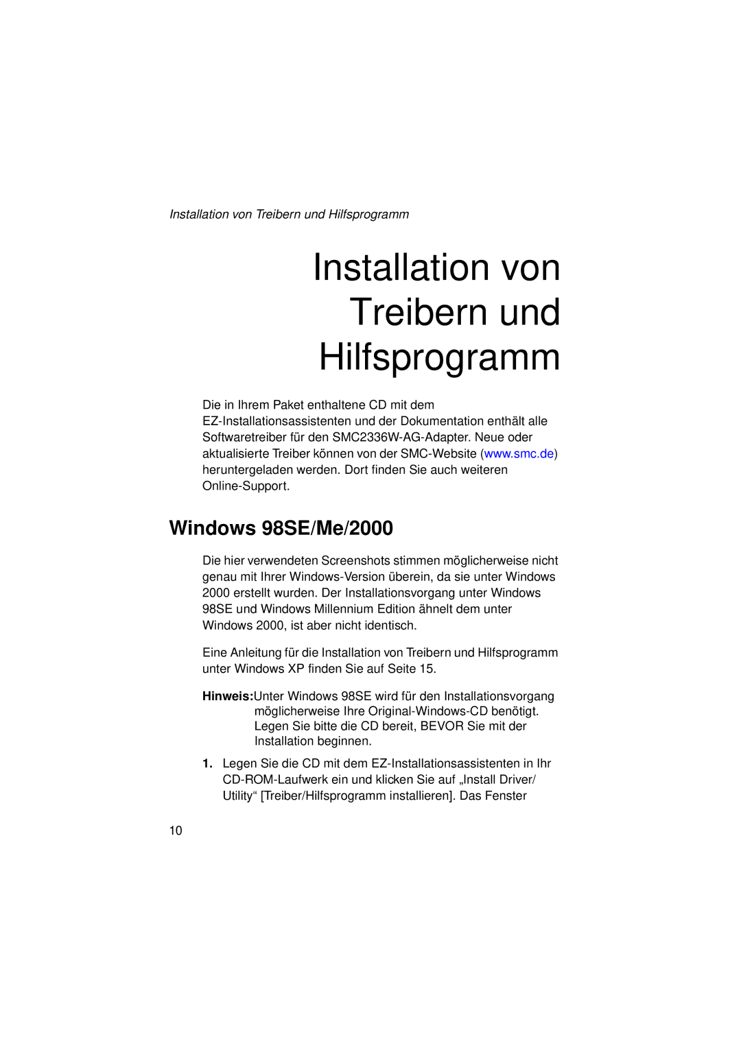 SMC Networks SMC2336W-AG manual Installation von Treibern und Hilfsprogramm, Windows 98SE/Me/2000 