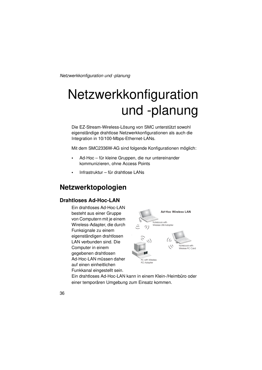 SMC Networks SMC2336W-AG manual Netzwerkkonfiguration und -planung, Netzwerktopologien, Drahtloses Ad-Hoc-LAN 