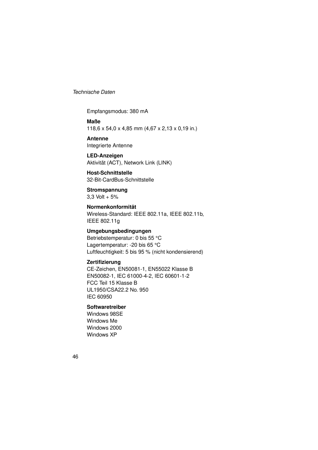 SMC Networks SMC2336W-AG Maße, Antenne, LED-Anzeigen, Host-Schnittstelle, Stromspannung, Normenkonformität, Zertifizierung 