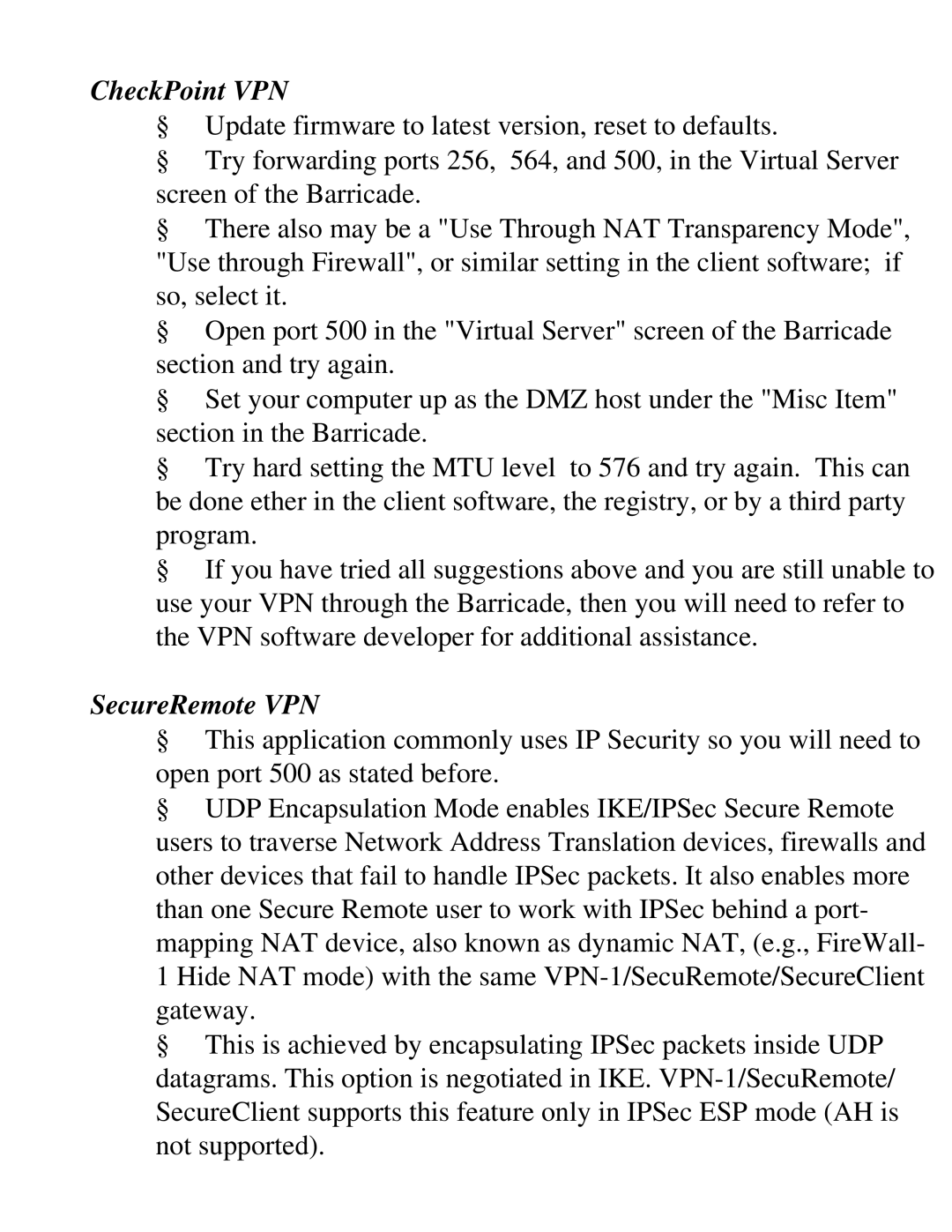 SMC Networks SMC2404WBR manual CheckPoint VPN 