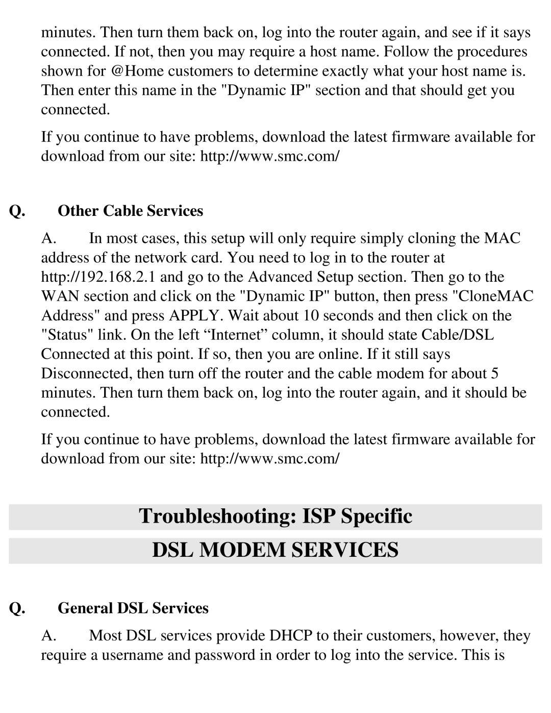 SMC Networks SMC2404WBR manual Other Cable Services, General DSL Services 