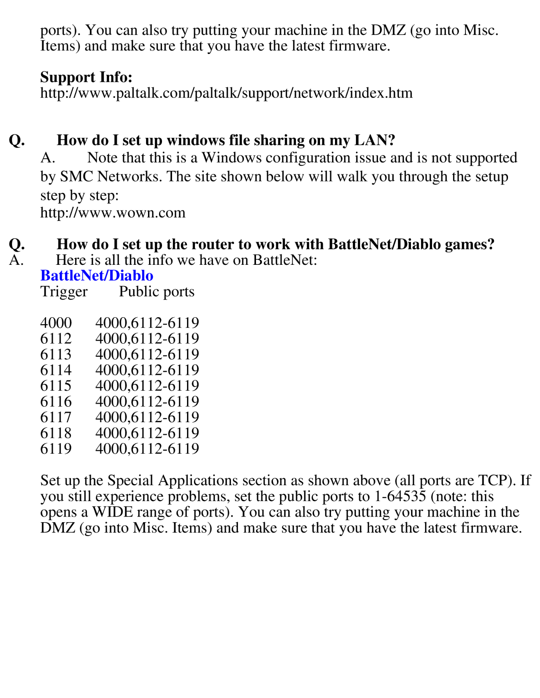 SMC Networks SMC2404WBR manual How do I set up windows file sharing on my LAN?, BattleNet/Diablo 