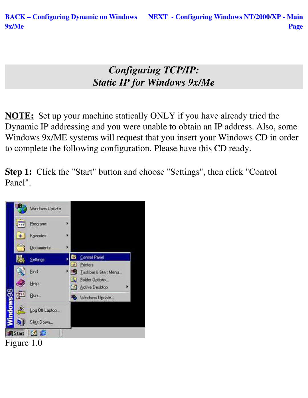 SMC Networks SMC2404WBR manual Configuring TCP/IP Static IP for Windows 9x/Me 