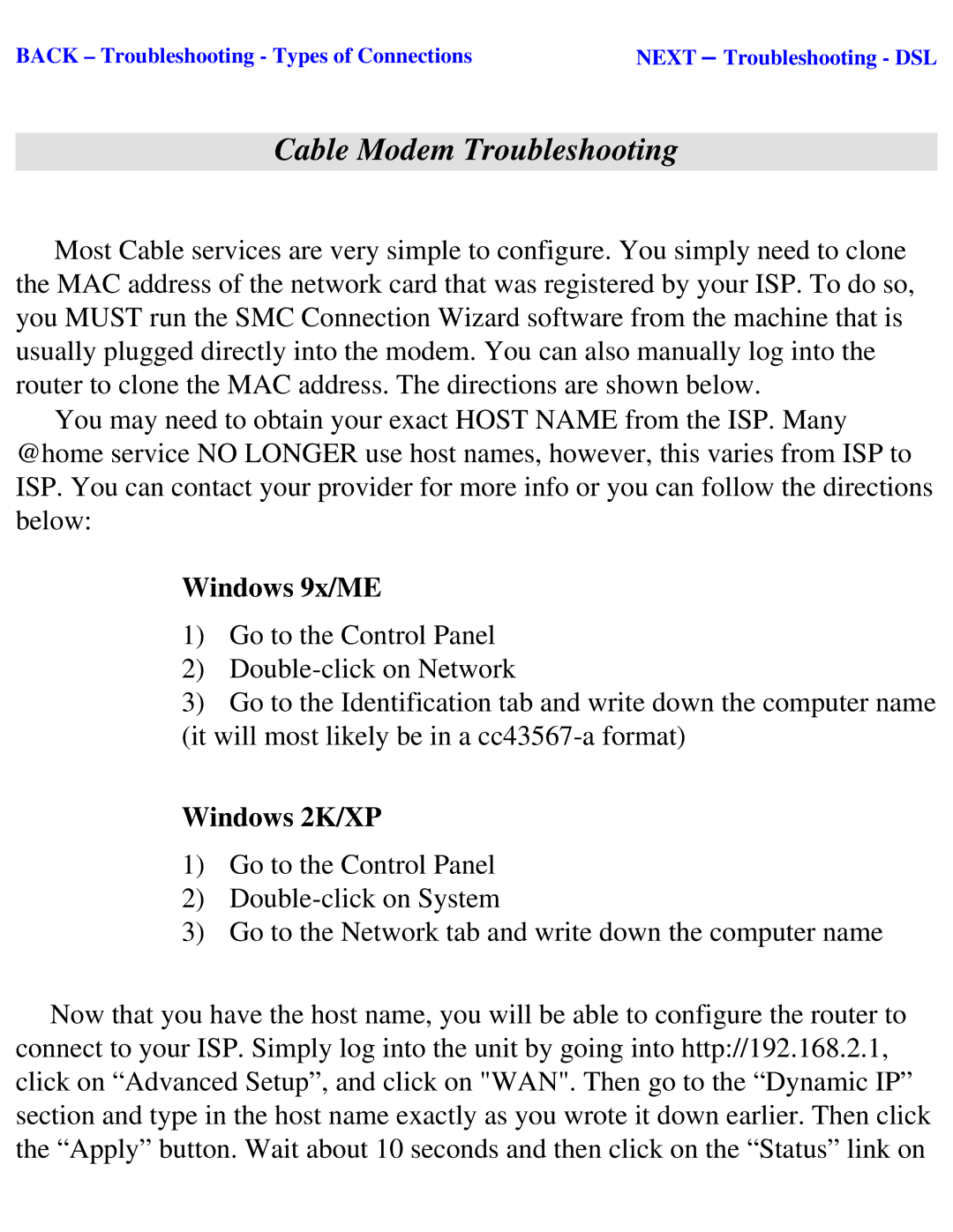 SMC Networks SMC2404WBR manual Cable Modem Troubleshooting, Windows 9x/ME, Windows 2K/XP 