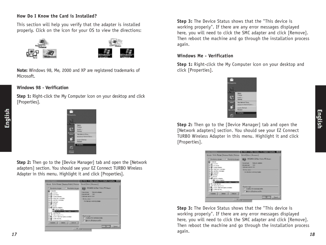 SMC Networks SMC2435W, SMC2402W How Do I Know the Card is Installed?, Windows 98 Verification, Windows Me Verification 