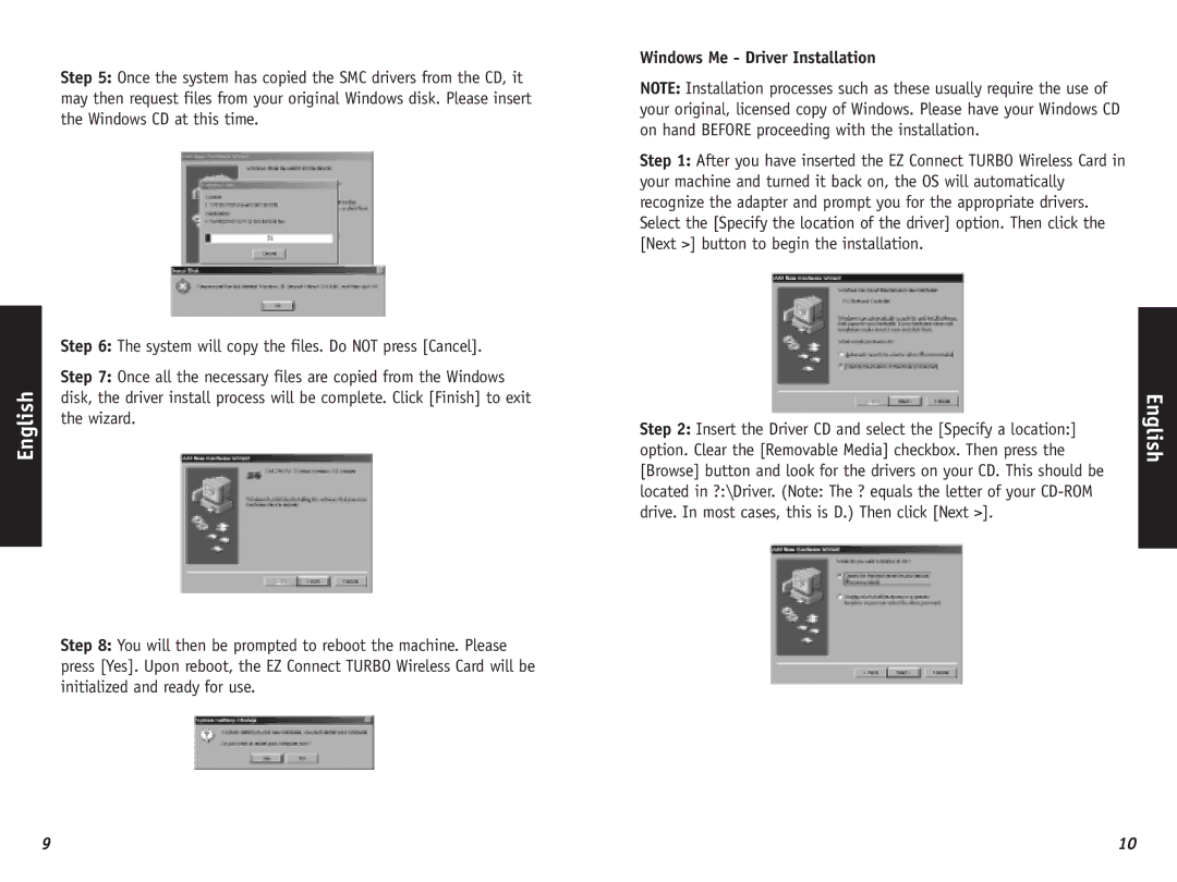 SMC Networks SMC2435W, SMC2402W manual Windows Me Driver Installation 