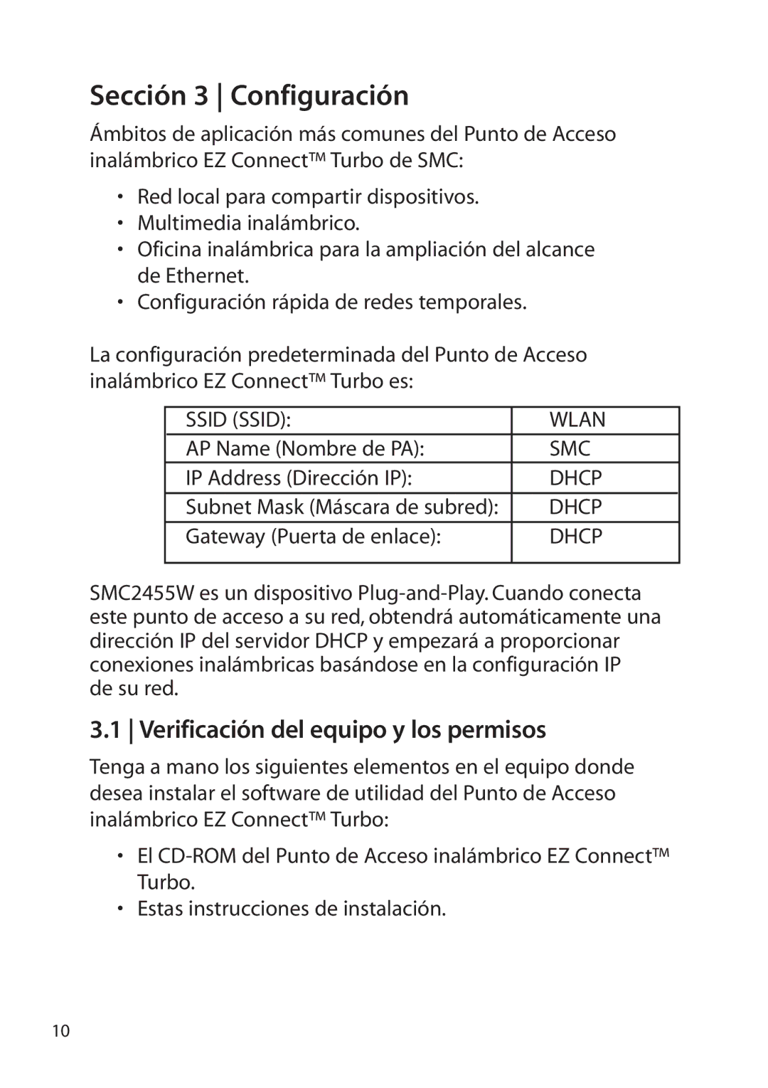 SMC Networks SMC2455W manual Sección 3 Configuración, Verificación del equipo y los permisos 