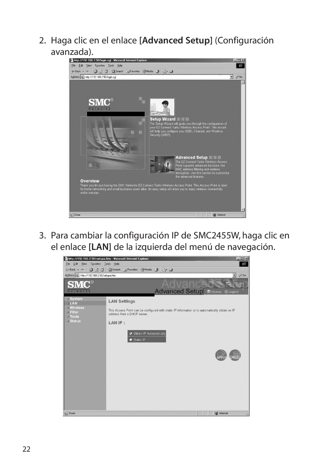 SMC Networks SMC2455W manual Haga clic en el enlace Advanced Setup Configuración avanzada 