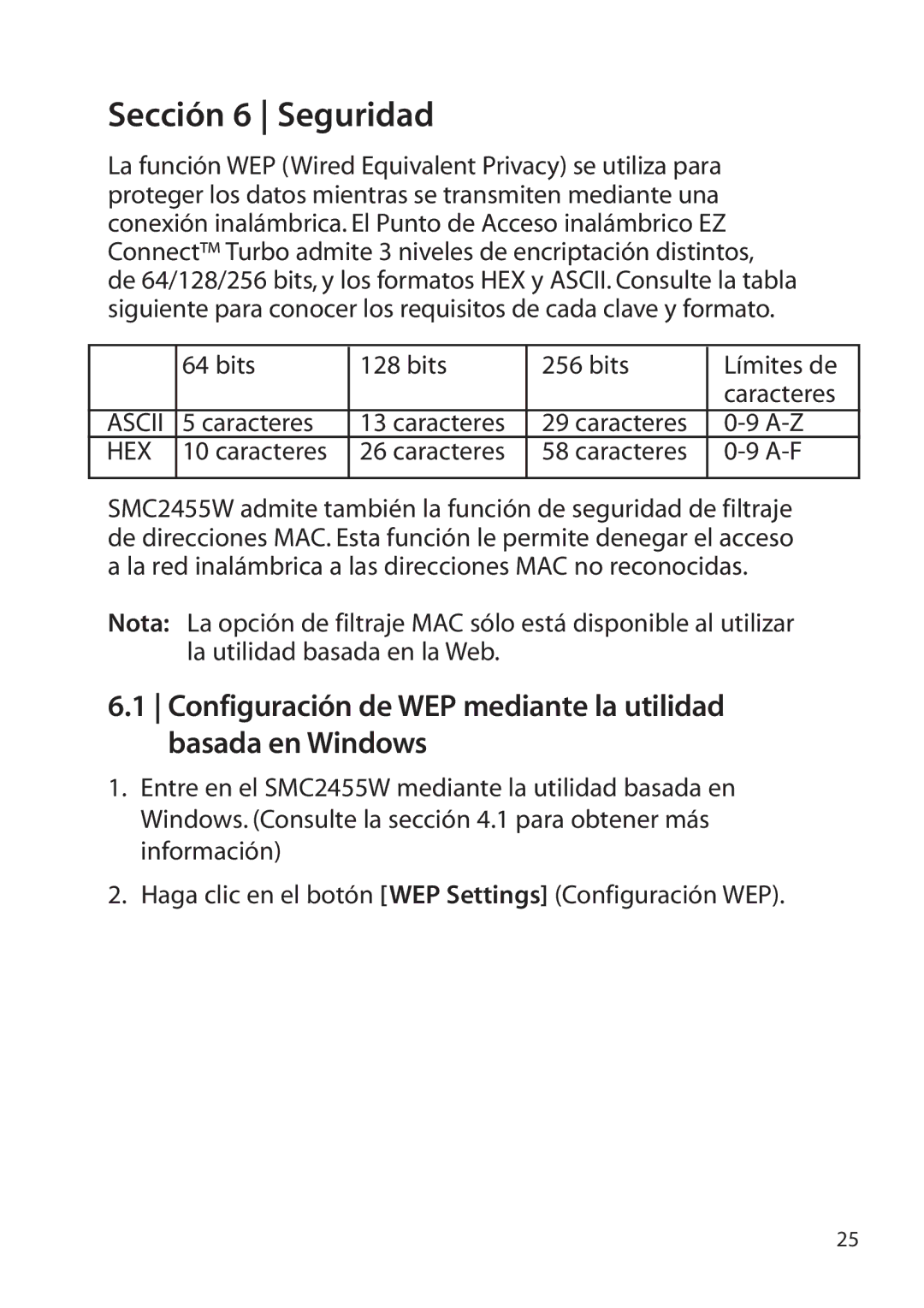 SMC Networks SMC2455W manual Sección 6 Seguridad, Configuración de WEP mediante la utilidad basada en Windows 