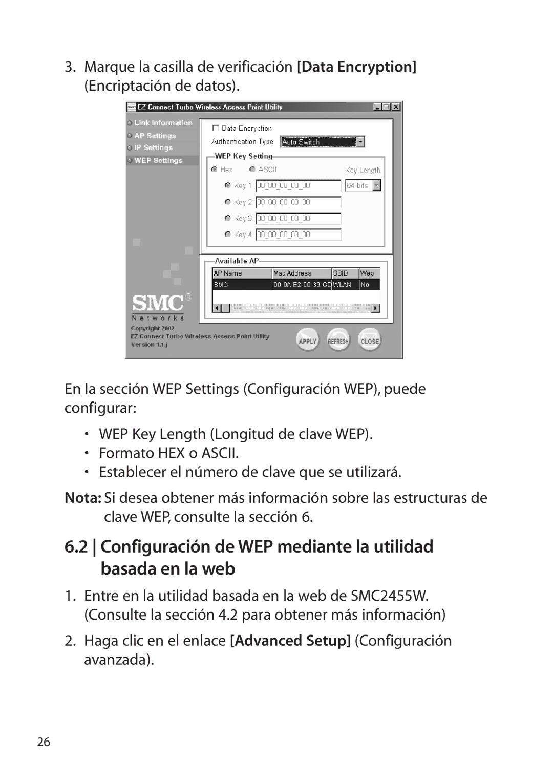 SMC Networks SMC2455W manual Configuración de WEP mediante la utilidad basada en la web 