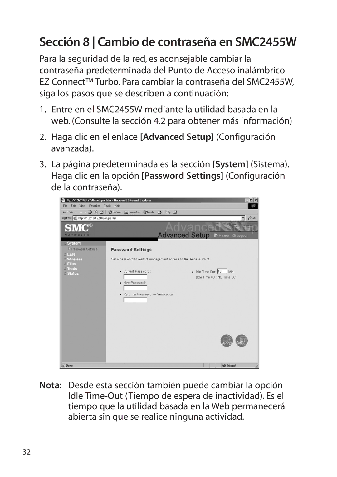 SMC Networks manual Sección 8 Cambio de contraseña en SMC2455W 