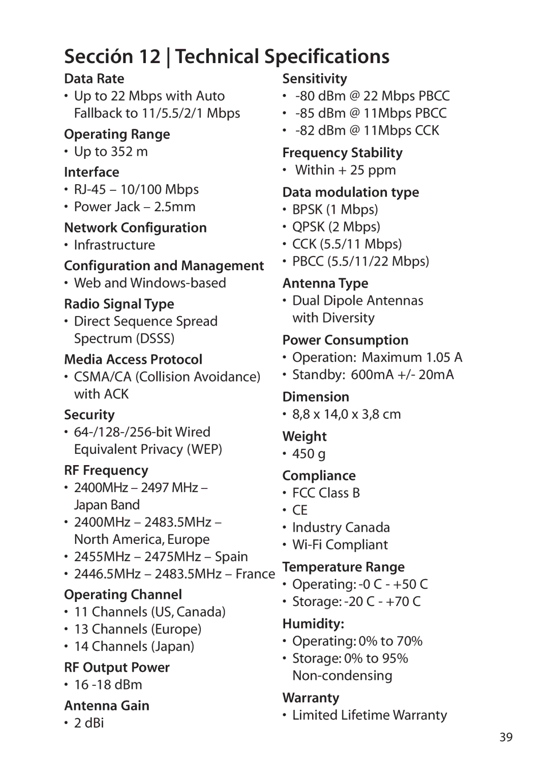 SMC Networks SMC2455W manual Sección 12 Technical Specifications 