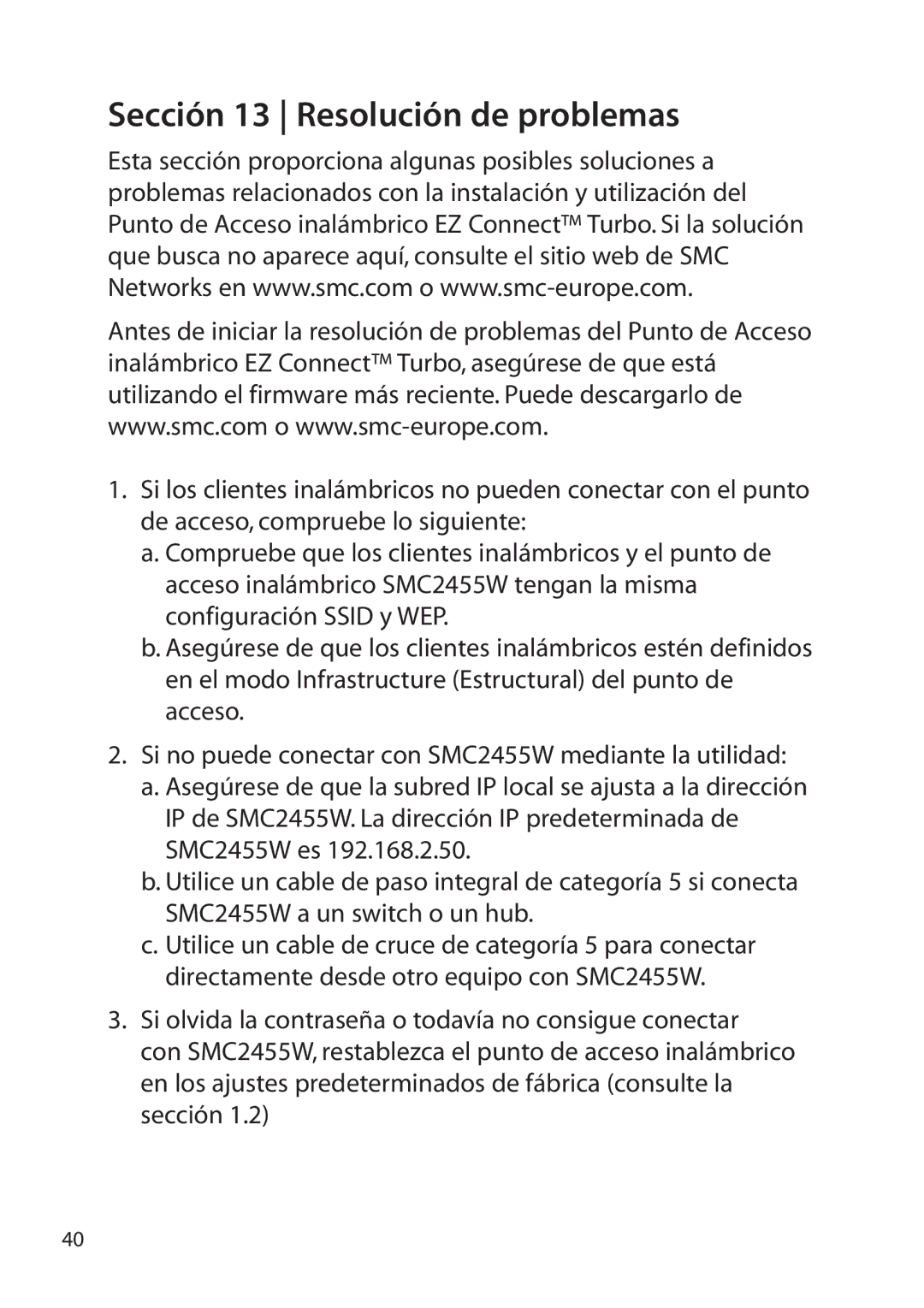 SMC Networks SMC2455W manual Sección 13 Resolución de problemas 