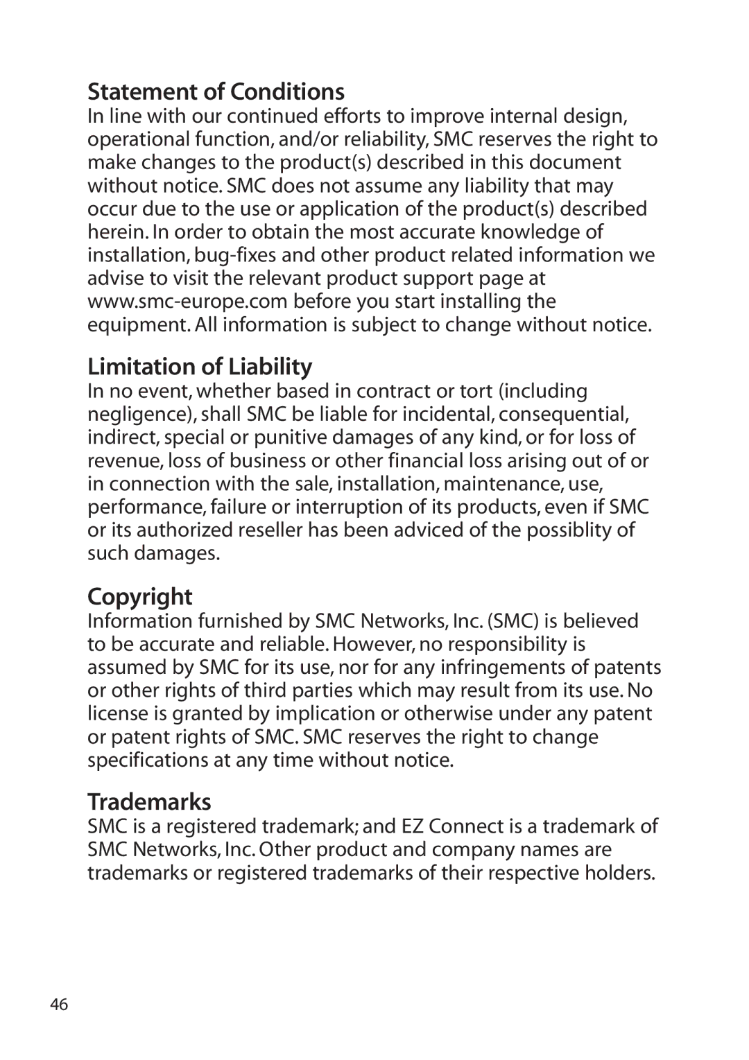 SMC Networks SMC2455W manual Statement of Conditions Limitation of Liability, Copyright, Trademarks 