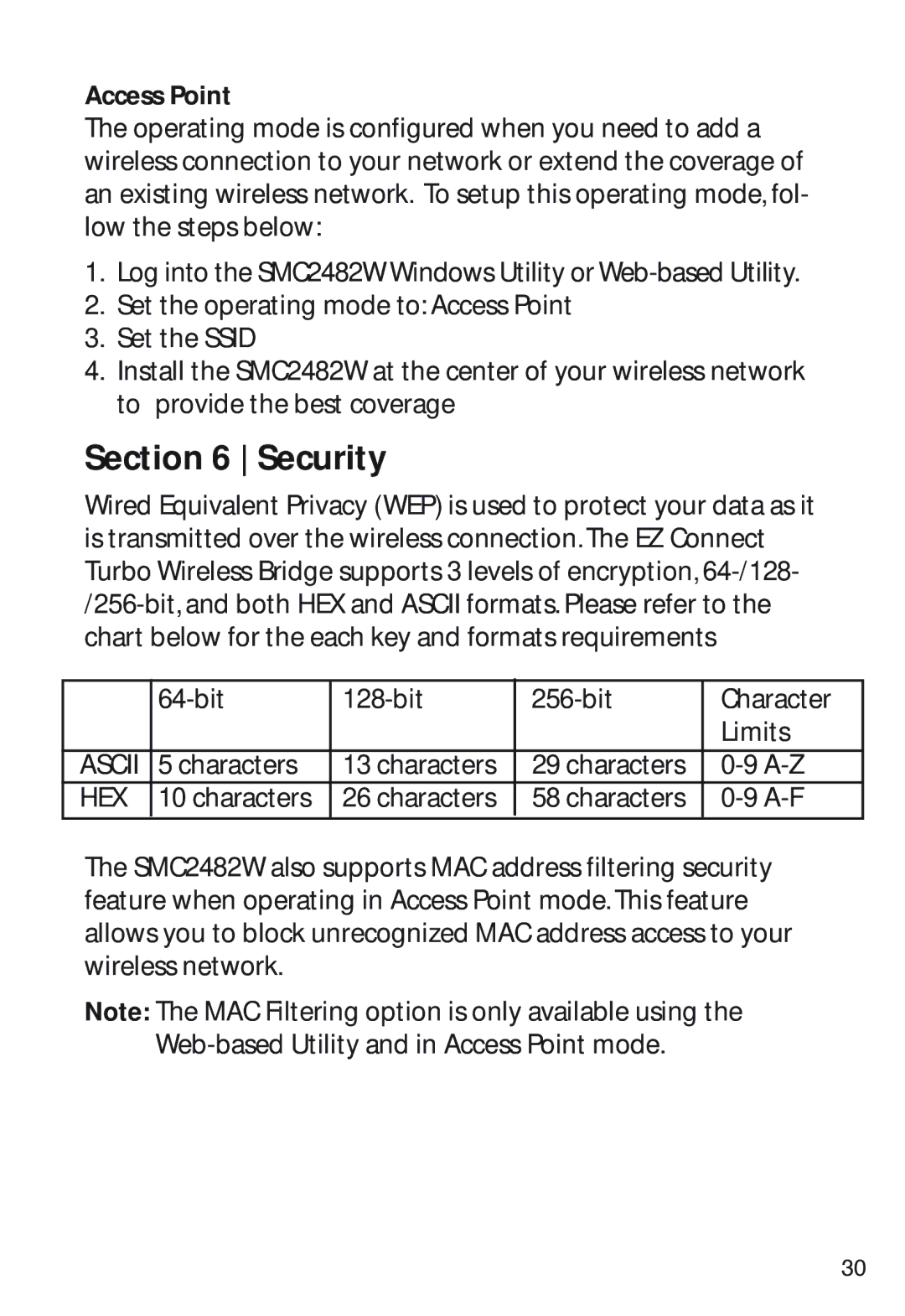 SMC Networks SMC2482W manual Security, Hex 