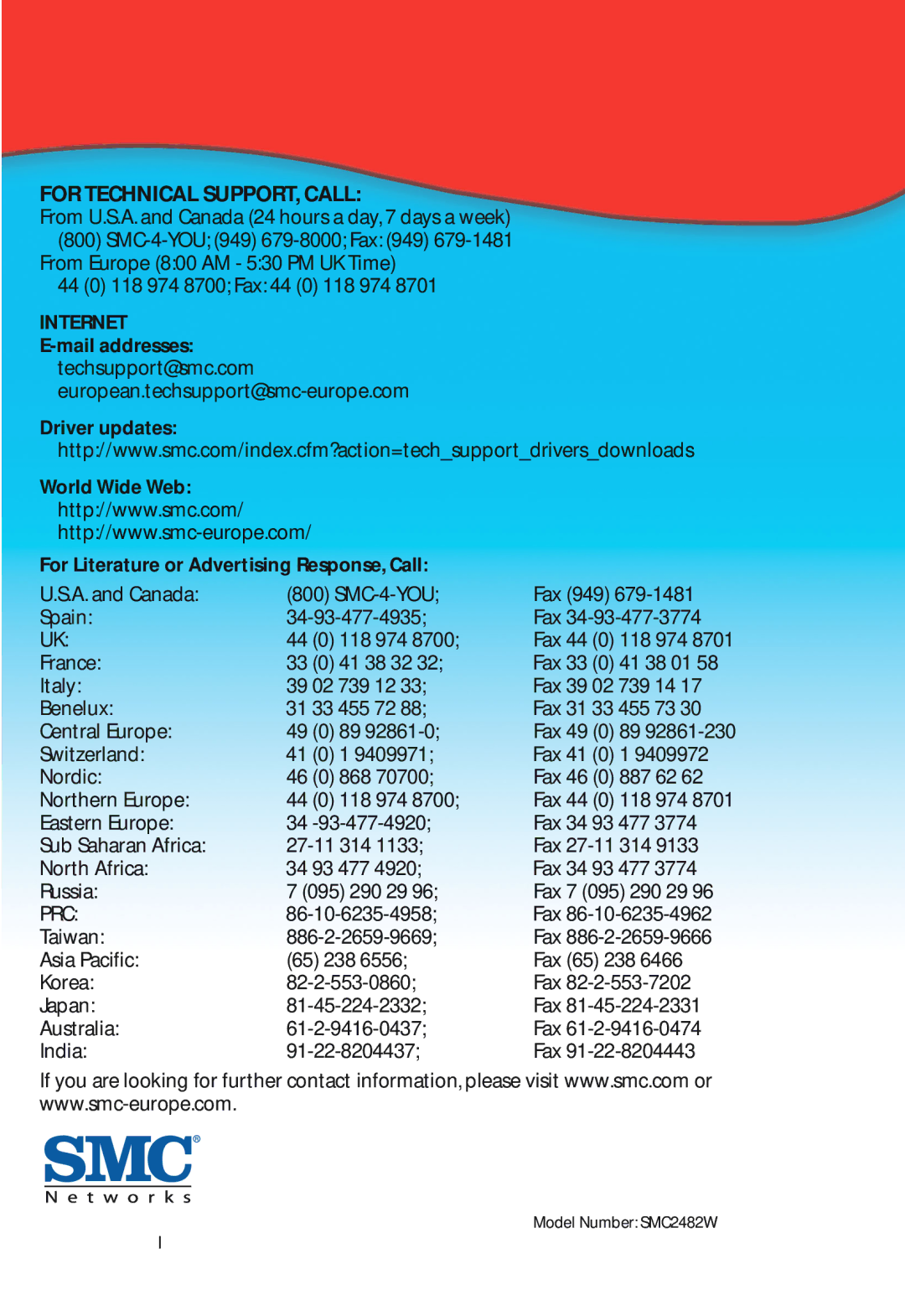 SMC Networks SMC2482W manual For Technical SUPPORT, Call 