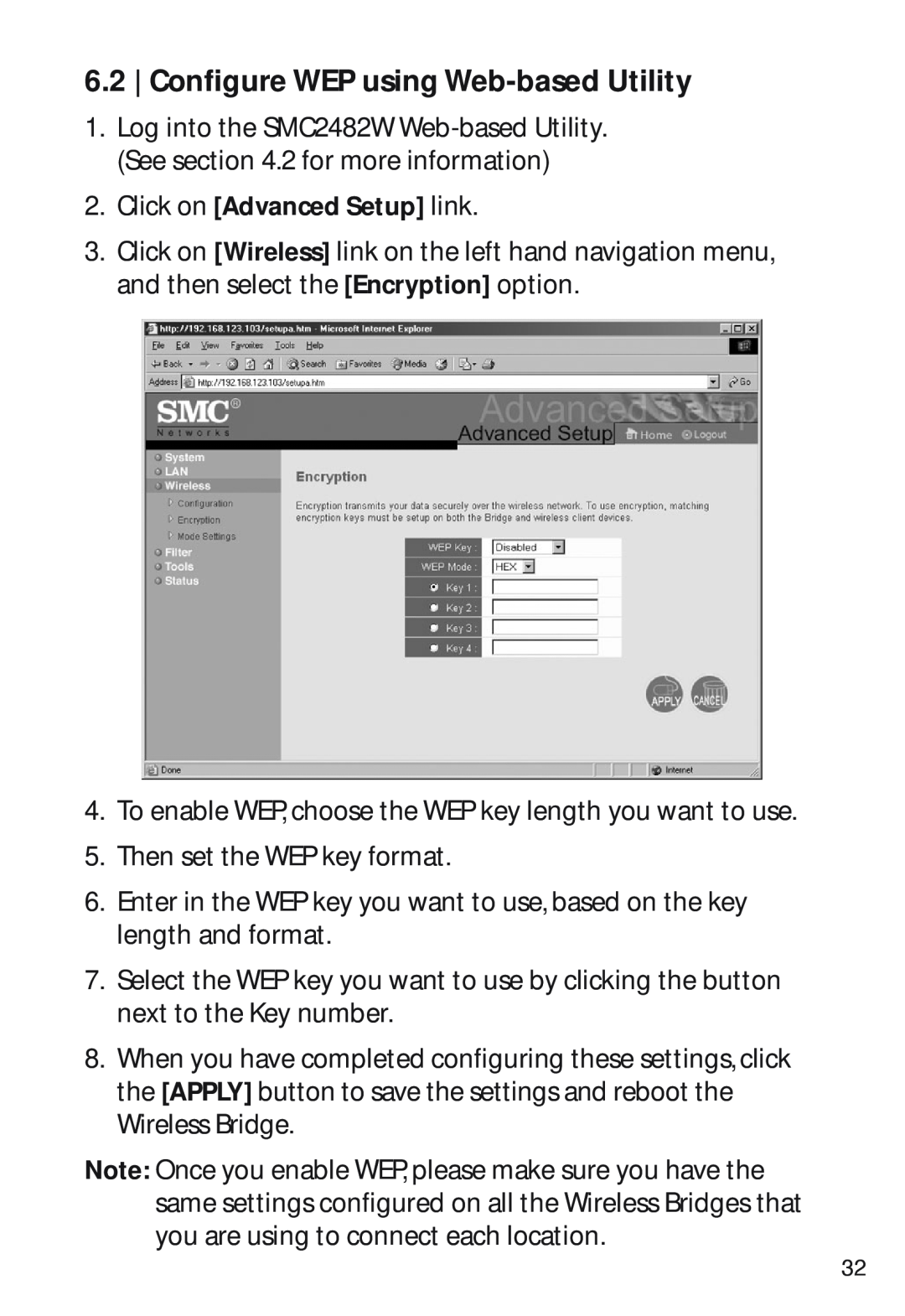 SMC Networks SMC2482W manual Configure WEP using Web-based Utility 
