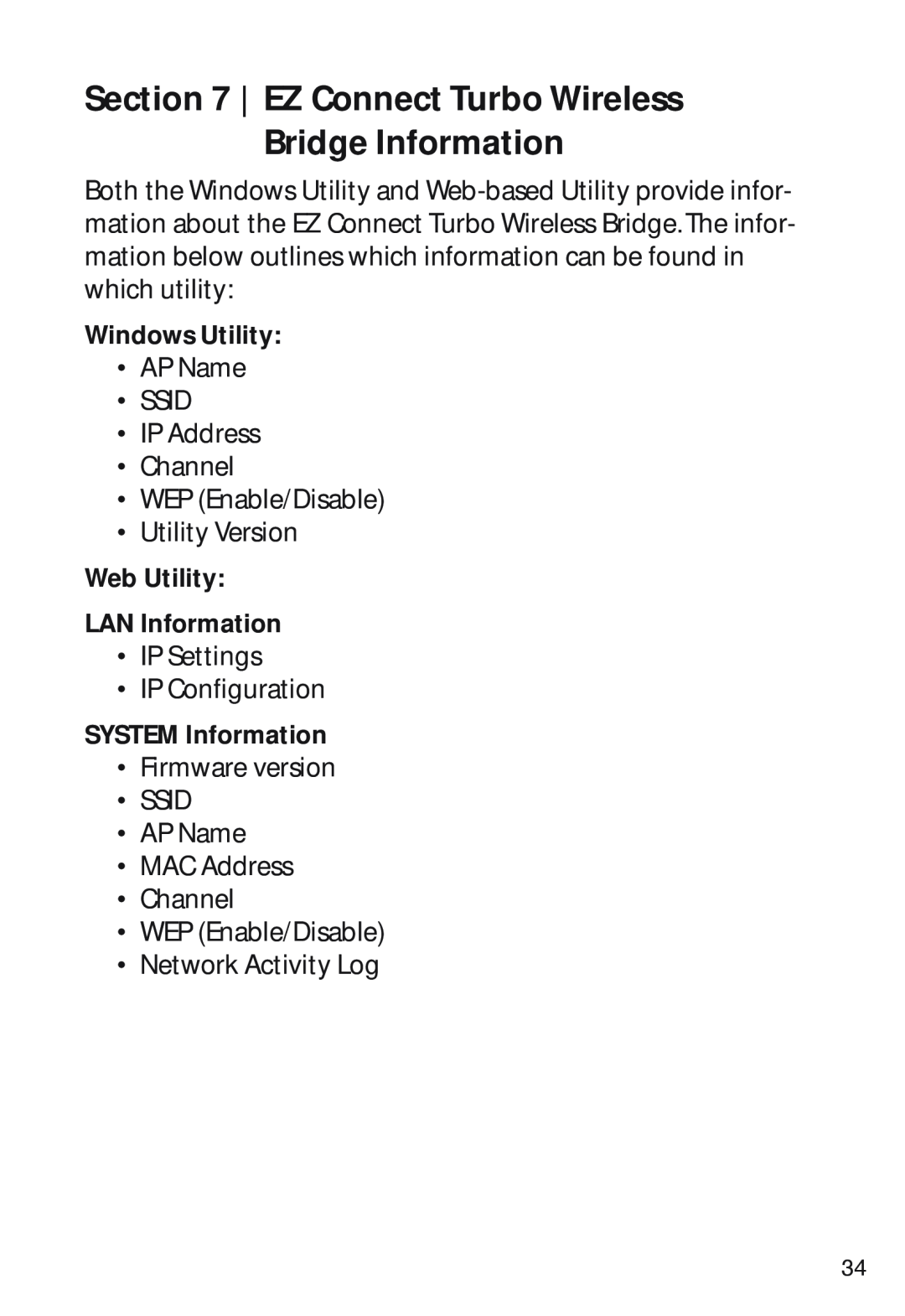 SMC Networks SMC2482W manual EZ Connect Turbo Wireless Bridge Information 
