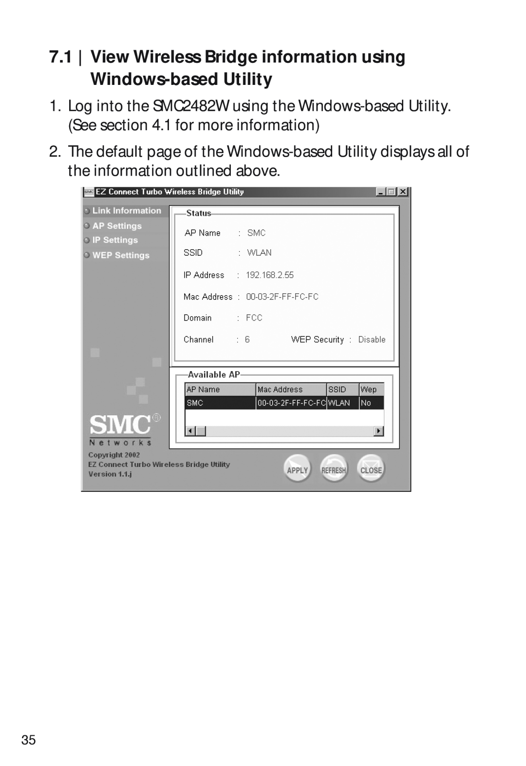 SMC Networks SMC2482W manual View Wireless Bridge information using Windows-based Utility 