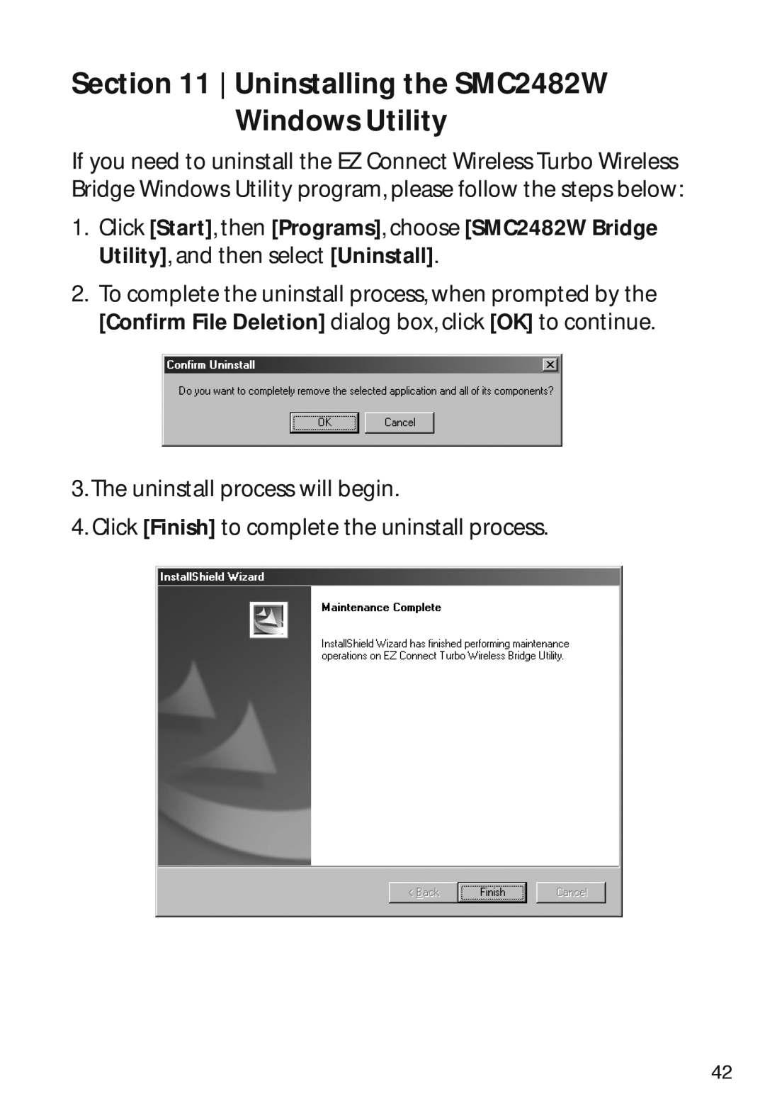 SMC Networks manual Uninstalling the SMC2482W Windows Utility 