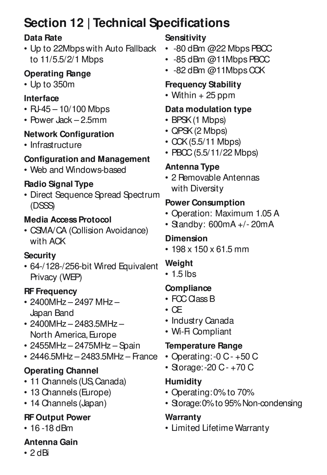 SMC Networks SMC2482W manual Technical Specifications 