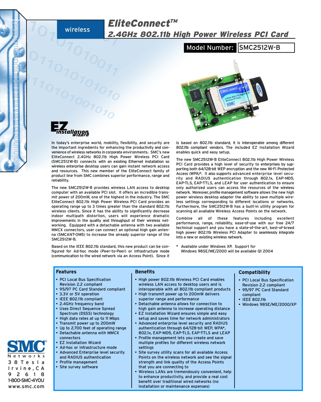 SMC Networks SMC2512W-B manual EliteConnectTM, 4GHz 802.11b High Power Wireless PCI Card 