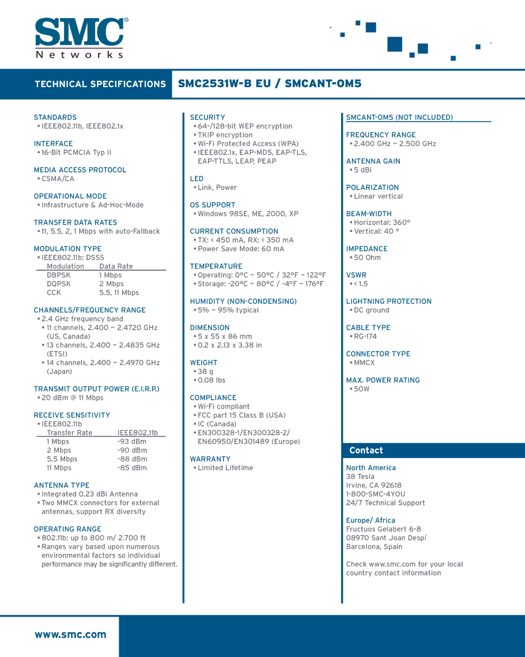 SMC Networks SMC2531W-B EU manual Contact 