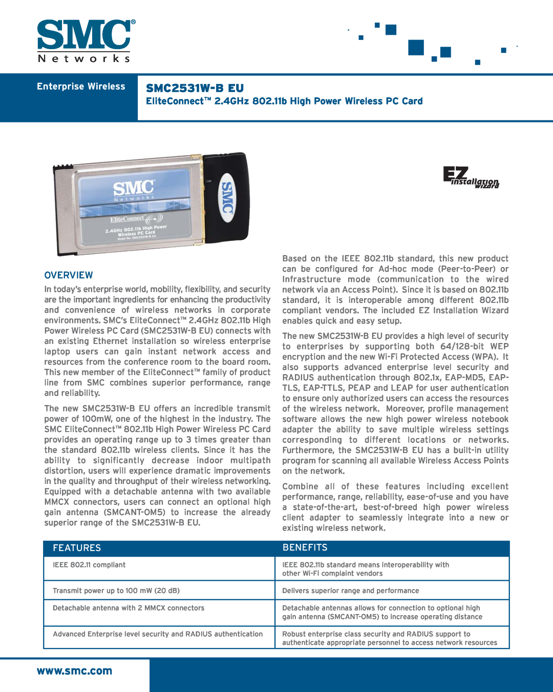 SMC Networks manual Enterprise Wireless SMC2531W-B EU, EliteConnectTM 2.4GHz 802.11b High Power Wireless PC Card 