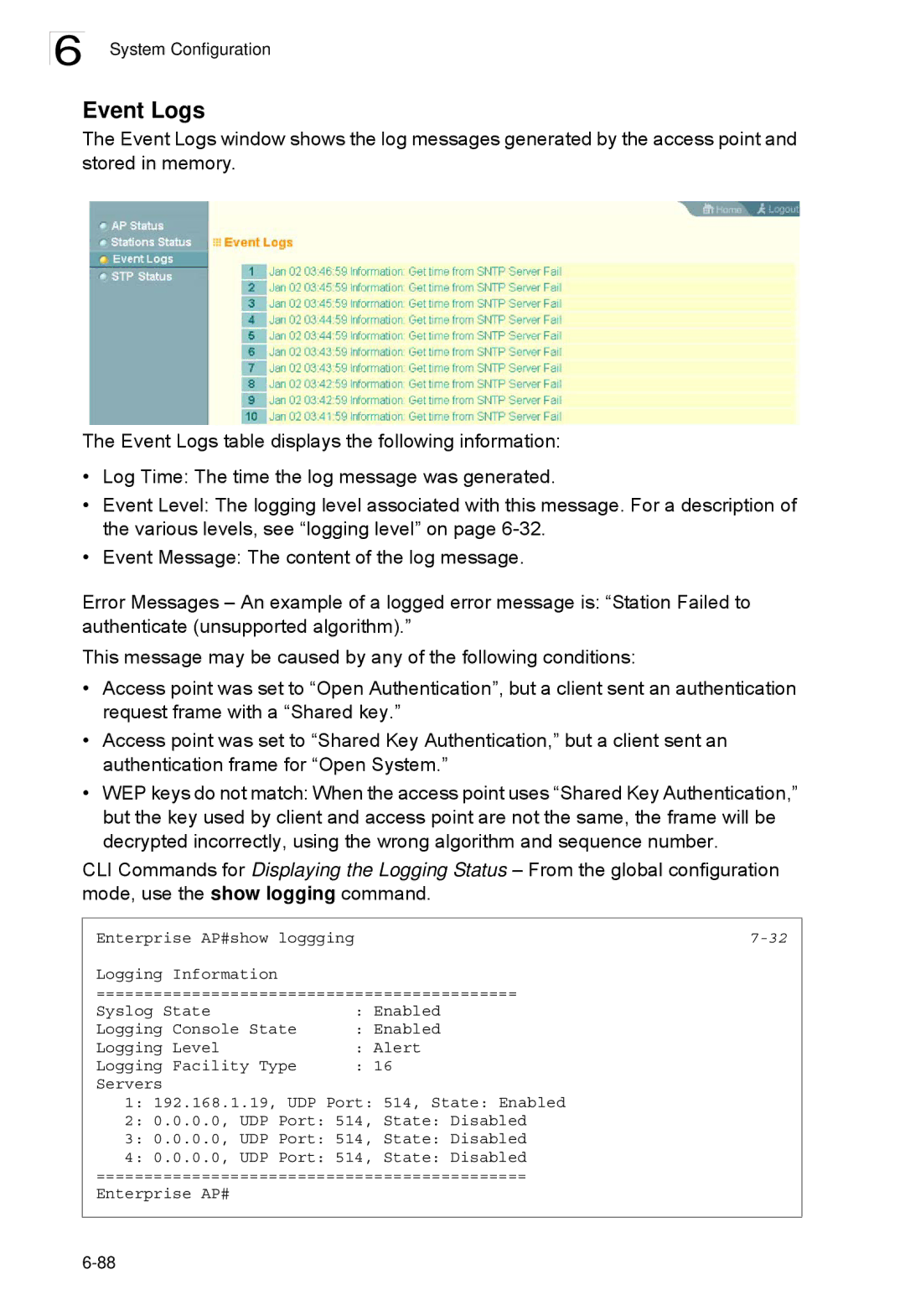 SMC Networks SMC2552W-G2-17 manual Event Logs 