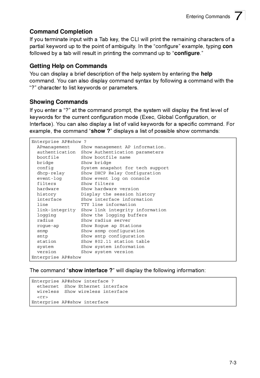 SMC Networks SMC2552W-G2-17 manual Command Completion, Getting Help on Commands, Showing Commands 