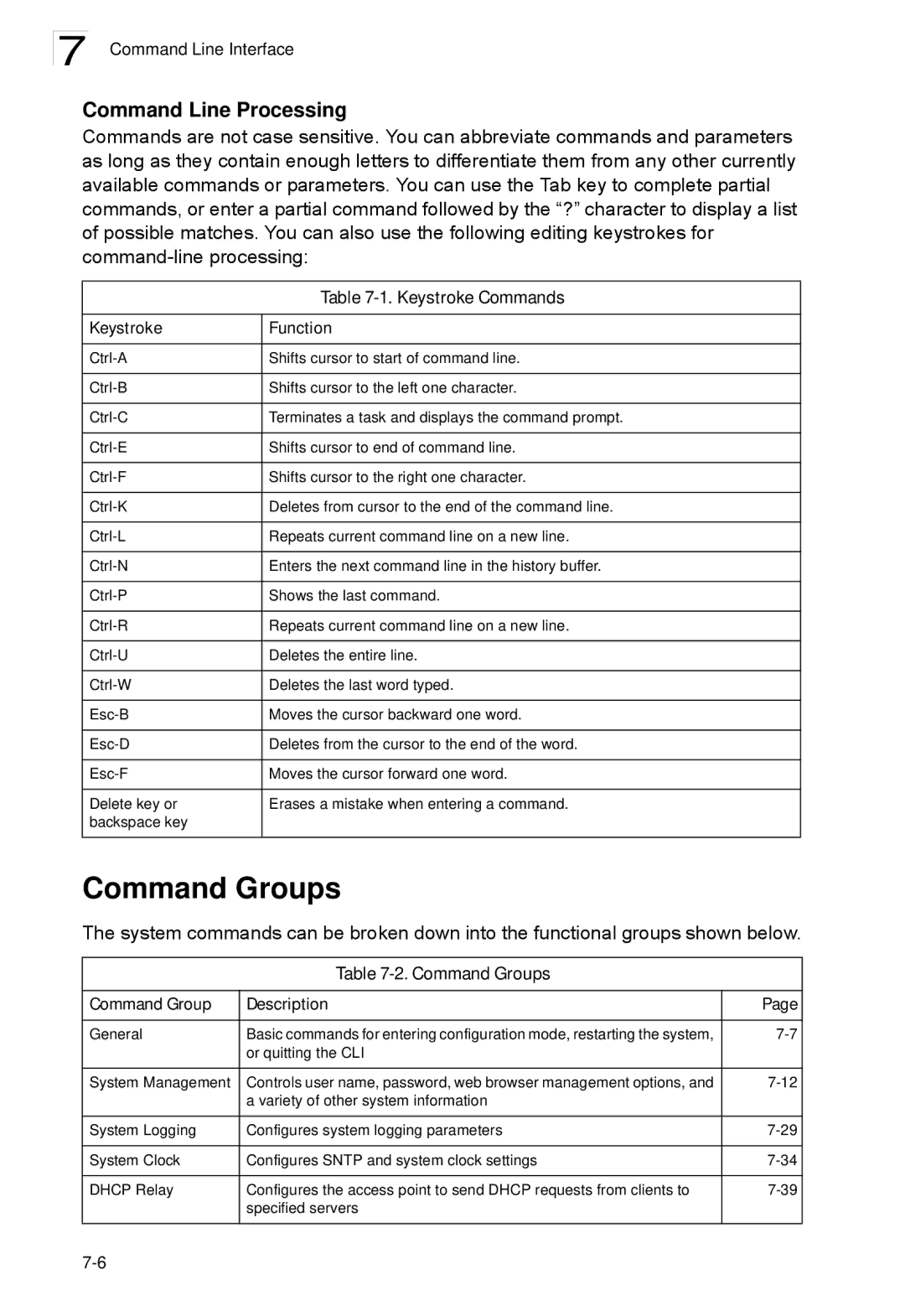 SMC Networks SMC2552W-G2-17 manual Command Groups, Command Line Processing, Keystroke Commands, Keystroke Function 