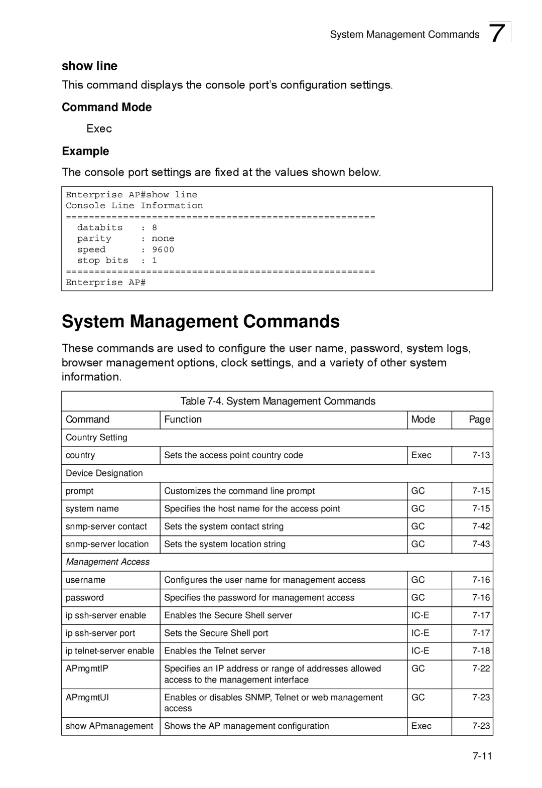 SMC Networks SMC2552W-G2-17 manual Show line, System Management Commands Function Mode 