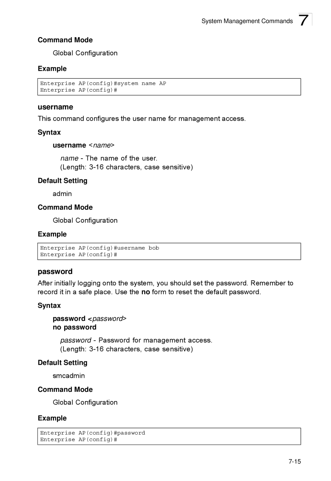 SMC Networks SMC2552W-G2-17 manual Syntax Username name, Syntax Password password no password 