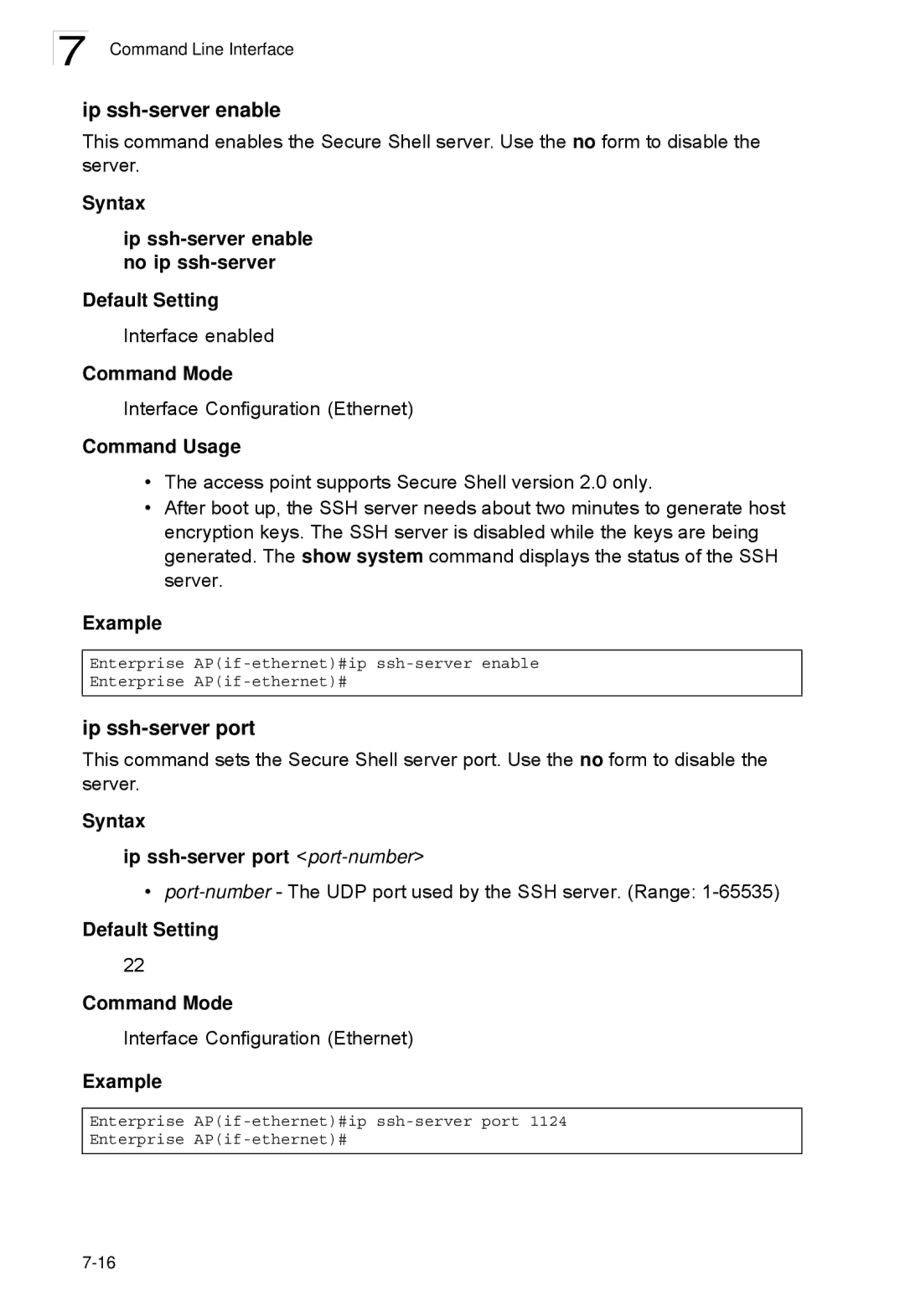 SMC Networks SMC2552W-G2-17 Ip ssh-server enable, Syntax Ip ssh-server port port-number, Default Setting Command Mode 