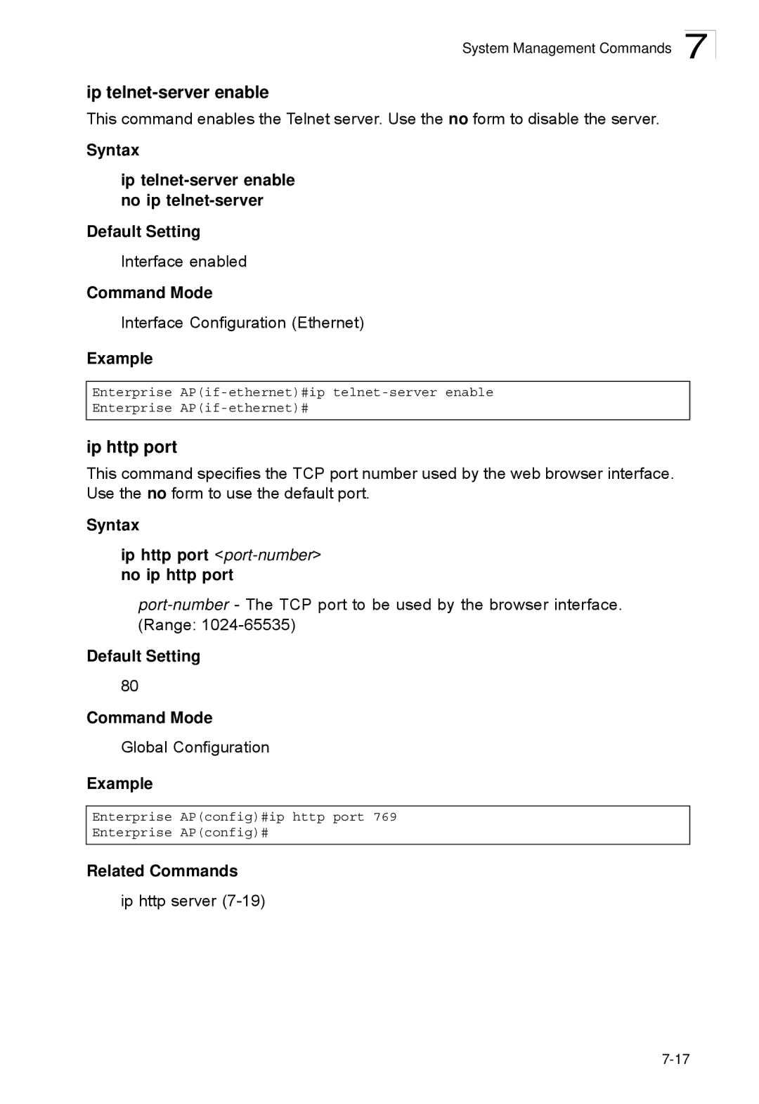 SMC Networks SMC2552W-G2-17 manual Ip telnet-server enable, Syntax Ip http port port-numberno ip http port 