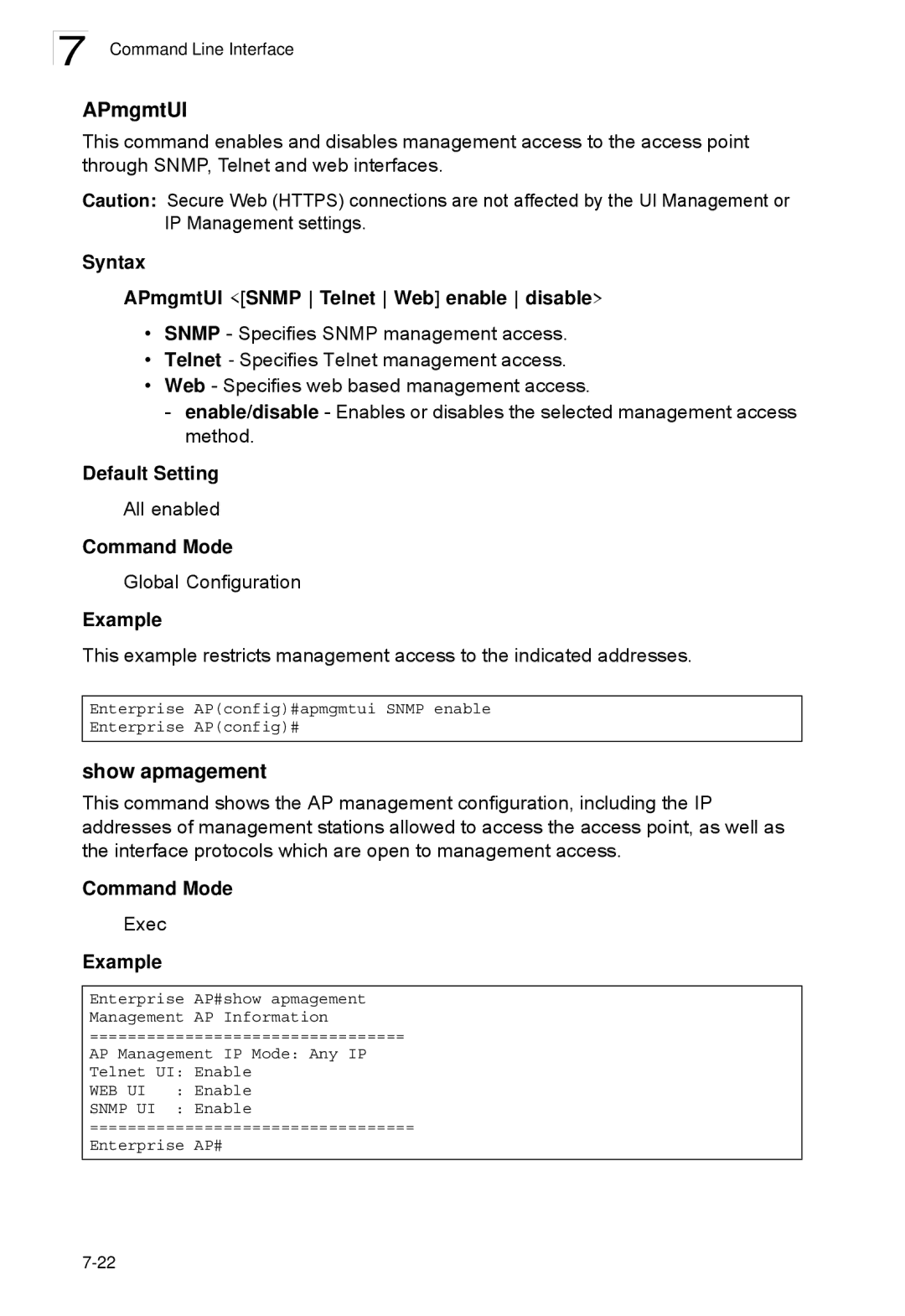 SMC Networks SMC2552W-G2-17 manual Show apmagement, Syntax APmgmtUI Snmp Telnet Web enable disable 