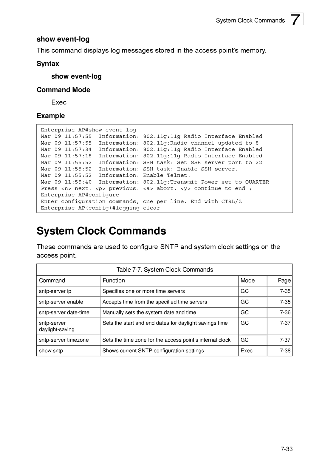 SMC Networks SMC2552W-G2-17 manual System Clock Commands, Syntax Show event-log Command Mode 