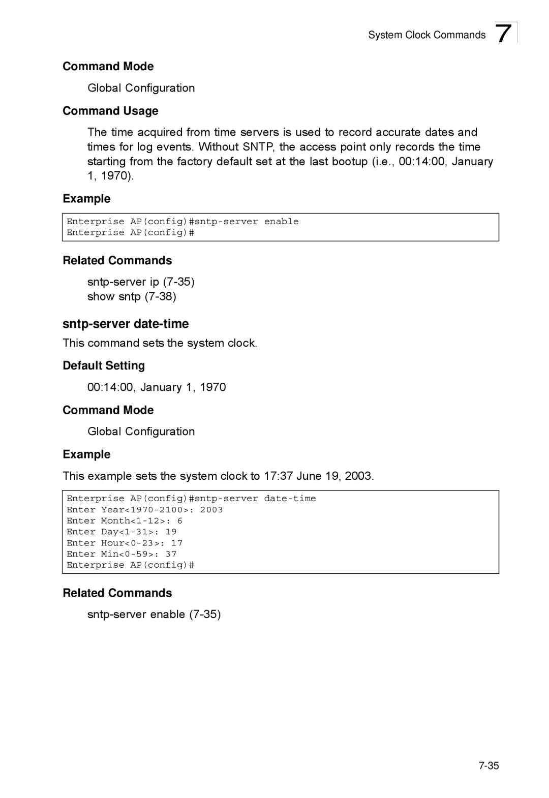 SMC Networks SMC2552W-G2-17 manual Sntp-server date-time, This example sets the system clock to 1737 June 19 