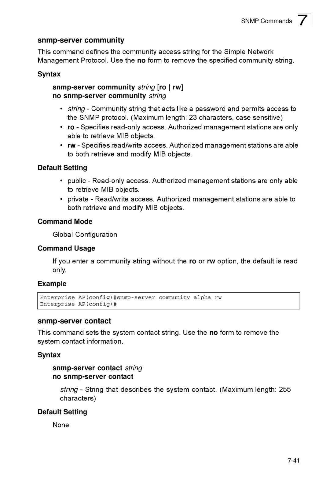 SMC Networks SMC2552W-G2-17 manual Snmp-server community, Snmp-server contact 