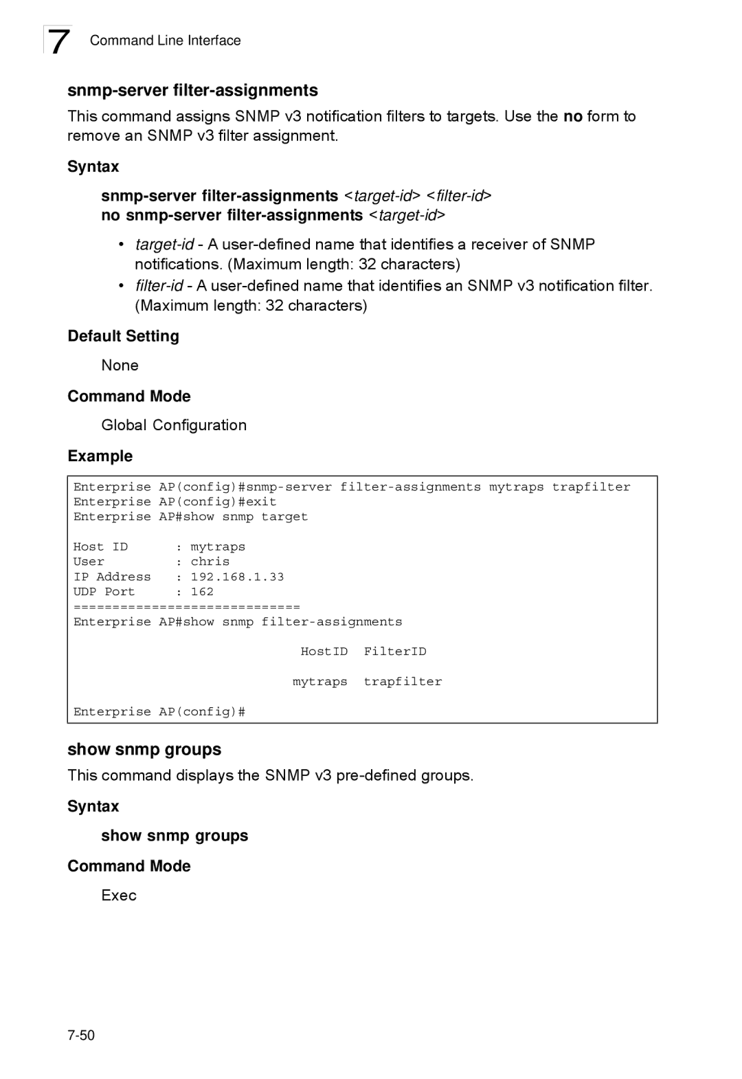 SMC Networks SMC2552W-G2-17 manual Snmp-server filter-assignments, Syntax Show snmp groups Command Mode 