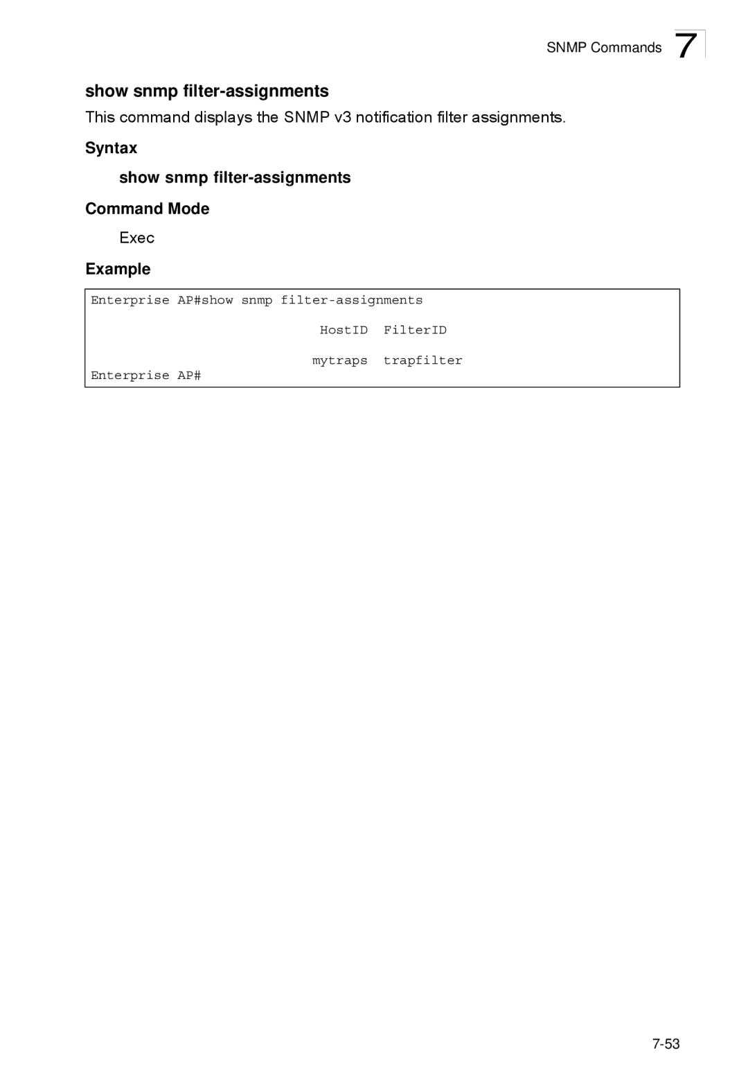 SMC Networks SMC2552W-G2-17 manual Syntax Show snmp filter-assignments Command Mode 